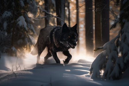 wolf running through snow-covered forest, its black coat shimmering in the light, created with generative aiの素材