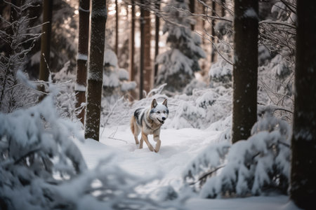 snowy forest with wolf running through the trees, created with generative aiの素材