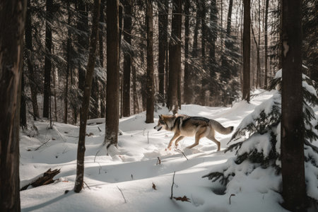 snowy forest with wolf running through the trees, created with generative aiの素材
