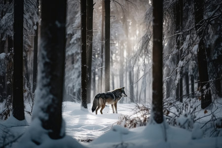snowy forest with the silhouette of a wolf, hunting its prey, created with generative aiの素材