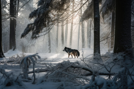 snowy forest with the silhouette of a wolf, hunting its prey, created with generative aiの素材