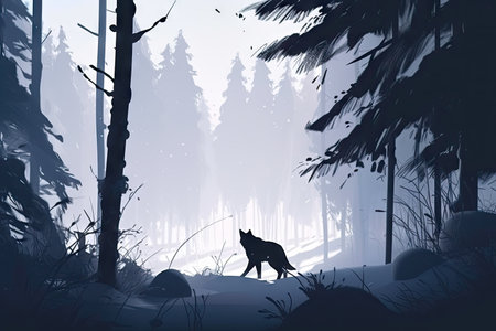 snowy forest with the silhouette of a wolf, hunting its prey, created with generative aiの素材