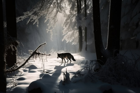 snowy forest with the silhouette of a wolf, hunting its prey, created with generative aiの素材