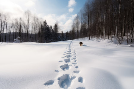 wolf following its tracks through thick snow, with view of forest in the background, created with generative aiの素材