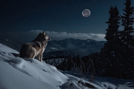 majestic wolf with full moon shining in the night sky, surrounded by snowy mountains, created with generative aiの素材