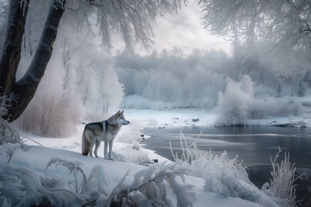 beautiful and peaceful snowy scene with a wolf amongst the scenery, created with generative aiの素材