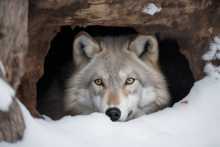wolf hiding in snowy cave, with only its eyes peeking out, created with generative aiの素材