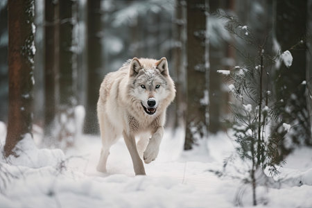 wolf running through snowy forest, its fluffy tail visible, created with generative aiの素材