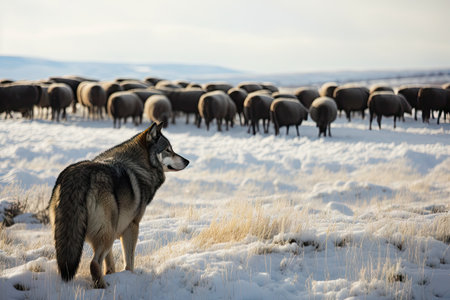 wolf watching over flock of sheep in snowy pasture, created with generative aiの素材