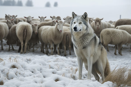 wolf watching over flock of sheep in snowy pasture, created with generative aiの素材