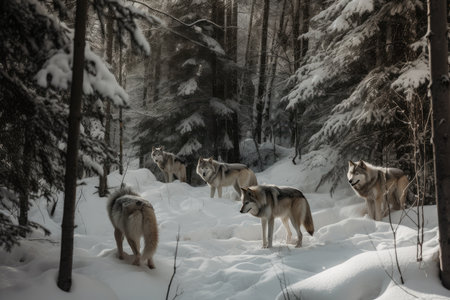 snowy forest with pack of wolves nosing through the snow, created with generative aiの素材