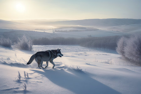snowy morning, with view of wolf running through the rolling hills, created with generative aiの素材