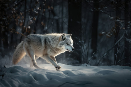 wolf running through snowy forest, its fur shining in the moonlight, created with generative aiの素材