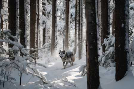 snowy forest with wolf running through the trees, created with generative aiの素材
