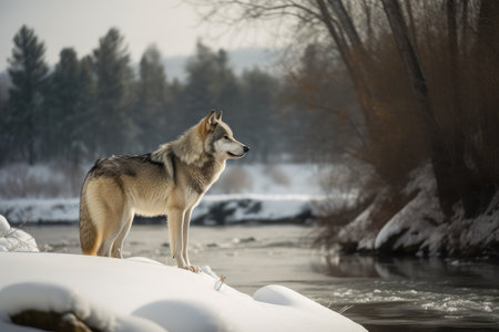 wolf standing on snowy bank, watching the river flow by, created with generative aiの素材