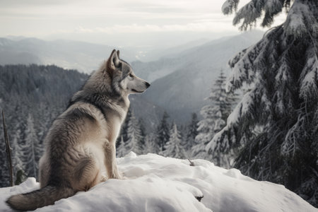 wolf sitting on snowy knoll, watching the forest below, created with generative aiの素材