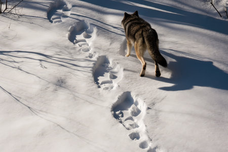 wolf following paw prints through freshly fallen snow, created with generative aiの素材