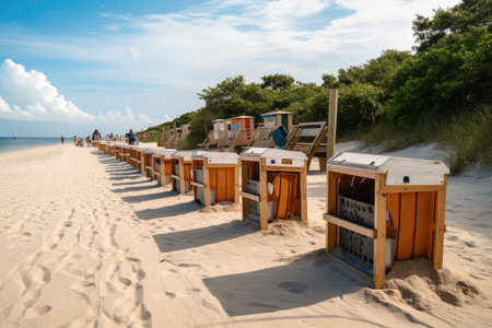 zero waste beach, with bins for different types of trash and recyclables, created with generative aiの素材