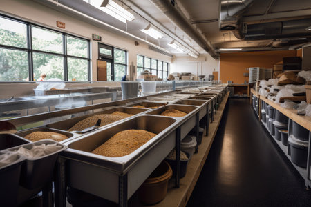 zero waste school cafeteria with composting food scraps and reusable dishes, created with generative aiの素材