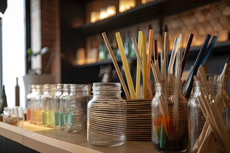 bar with refillable glass and compostable straws to eliminate waste, created with generative aiの素材