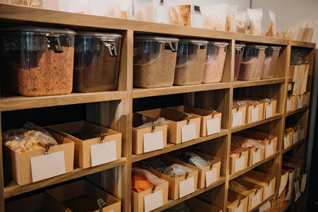 zero waste grocery store, offering customers bulk bins and reusable packaging options, created with generative aiの素材
