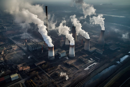 carbon dioxide emissions from power plant, seen from aerial view, created with generative aiの素材