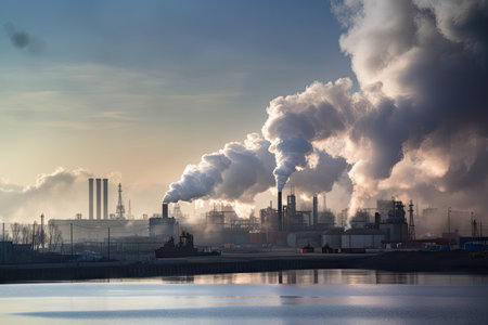 carbon dioxide emissions from power plant, represented with smoke and steam, created with generative aiの素材