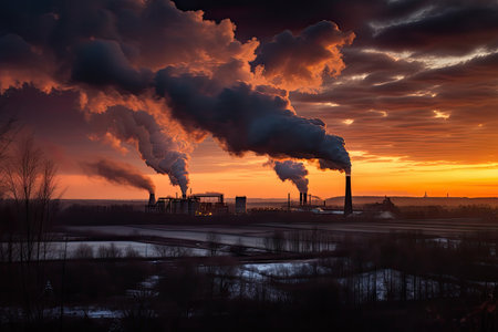 carbon dioxide emissions from coal-fired power plant in the evening, created with generative aiの素材