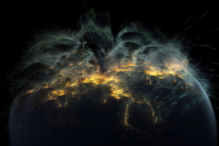 carbon dioxide emissions visualization, with swirling clouds and lightning flashes, created with generative aiの素材