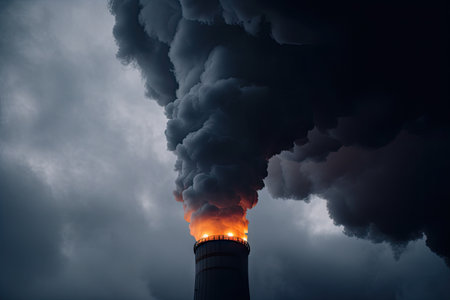 close-up of carbon dioxide emitting from smokestack, created with generative aiの素材
