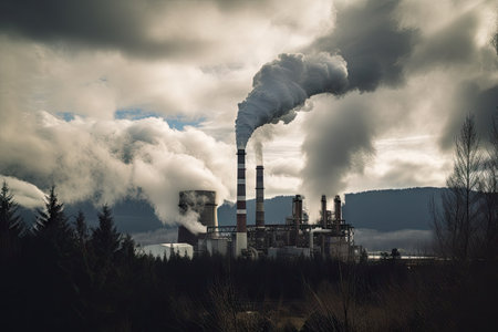 power plant, with smoke and steam billowing from its smokestacks, created with generative aiの素材