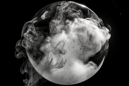carbon dioxide bubble, with smoke rising from a fire, in black and white photograph, created with generative aiの素材