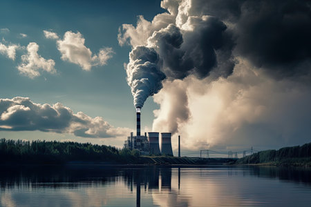 power plant, emitting plumes of carbon dioxide into the air, created with generative aiの素材