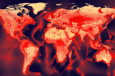carbon dioxide emissions as part of a heat map, displaying high concentrations over cities and low concentrations over oceans, created with generative aiの素材