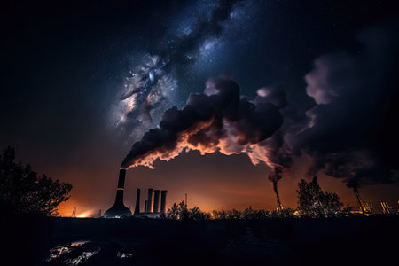carbon dioxide emissions from power plant, seen against the night sky, created with generative aiの素材
