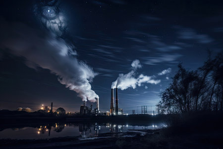 carbon dioxide emissions from power plant, seen against the night sky, created with generative aiの素材