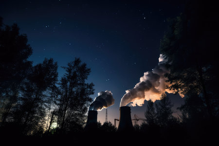 carbon dioxide emissions from power plant, seen against the night sky, created with generative aiの素材
