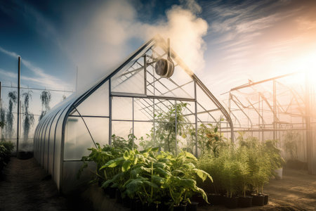 greenhouse with plant life and carbon dioxide emissions, created with generative aiの素材