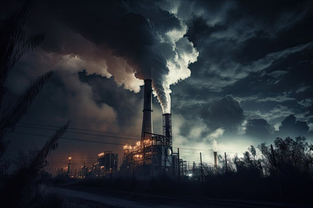 carbon dioxide emissions from power plant stack, visible against dark sky, created with generative aiの素材