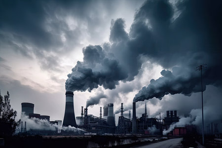 carbon dioxide emissions from power plant, with smoke billowing from the stacks, created with generative aiの素材