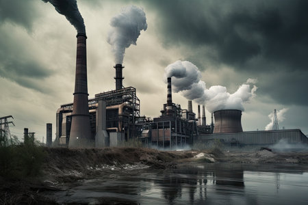 power plant, with smoke and steam billowing from its chimneys, created with generative aiの素材