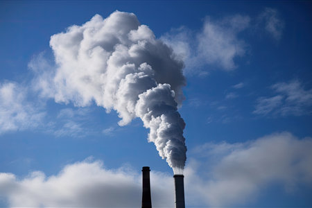 carbon dioxide emissions from coal power plant, visible against blue sky, created with generative aiの素材