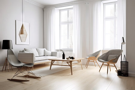 scandinavian living room, with sleek furniture and minimalist decor, created with generative aiの素材