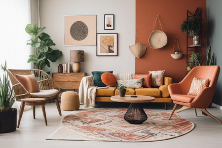 boho chic living room with retro vibe, scandinavian furniture & muted colors, created with generative aiの素材