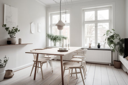 scandinavian dining room with minimalist table and chairs, created with generative aiの素材