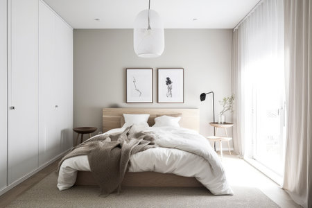 scandinavian bedroom with minimalist design and sleek lines, created with generative aiの素材