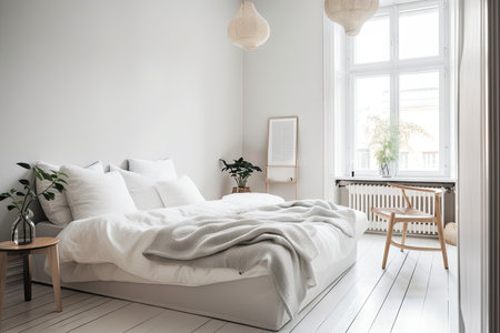 a calm and serene bedroom with minimalist scandinavian furniture, created with generative aiの素材