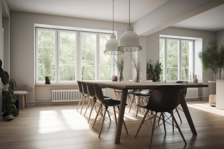 scandinavian dining room, with minimalist wooden table and chairs, surrounded by natural light, created with generative aiの素材