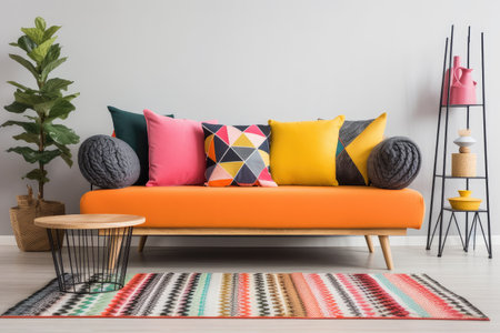 brightly colored scandinavian sofa, with matching pillows and throw, created with generative aiの素材
