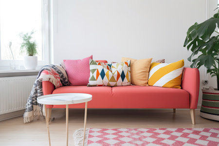 brightly colored scandinavian sofa, with matching pillows and throw, created with generative aiの素材